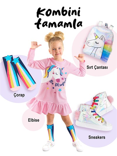 Denokids Unicorn Magic Desenli Uzun Kollu Kışlık Kız Çocuk Fırfırlı Elbise