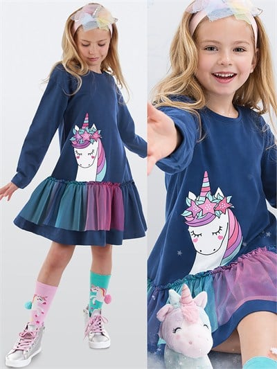 Denokids Unicorn Desenli Tüllü  Uzun Kollu Fırfırlı Kız Çocuk Elbise