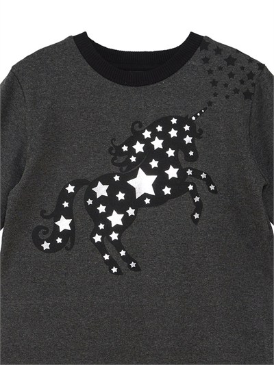 Denokids Unicorn ve Yıldız Desenli Uzun Kollu Fırfırlı Kışlık Kız Çocuk Elbise