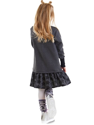 Denokids Unicorn ve Yıldız Desenli Uzun Kollu Fırfırlı Kışlık Kız Çocuk Elbise