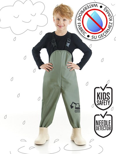 Denokids İnşaat Araçları Kepçe  Desenli Su Geçirmez Ayarlanabilir Askılı Erkek Çocuk Yağmur Tulumu