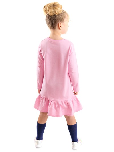 Denokids Unicorn Magic Desenli Uzun Kollu Kışlık Kız Çocuk Fırfırlı Elbise