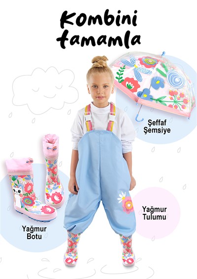 Denokids Çiçek Desenli Su İtici Ayarlanabilir Askılı Kız Çocuk Yağmur Tulumu