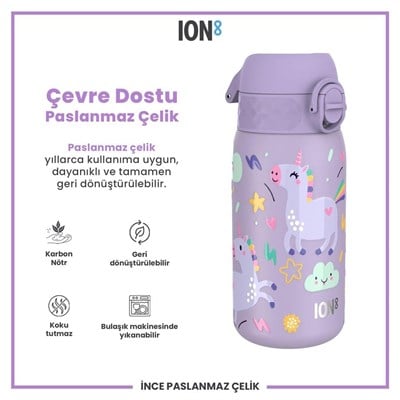 ION8 Paslanmaz Çelik Çocuk  Suluk - Mor Unicorn -  400 Ml Sızdırmaz