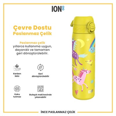ION8 Paslanmaz Çelik İnce  Suluk - Sarı Unicorn - 600 Ml Sızdırmaz
