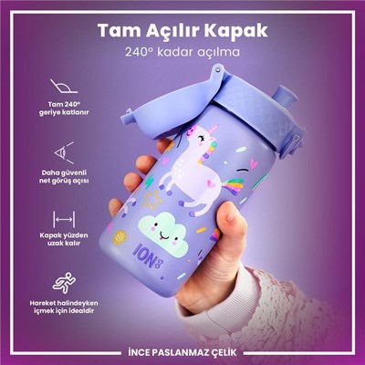 ION8 Paslanmaz Çelik Çocuk  Suluk - Mor Unicorn -  400 Ml Sızdırmaz