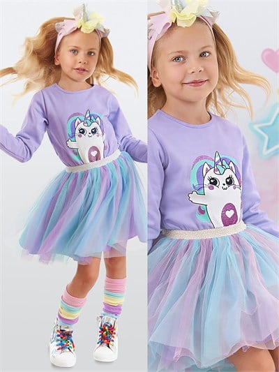 Denokids Unicorn Kedi Desenli Tüllü Uzun Kollu Kışlık Kız Çocuk Elbise