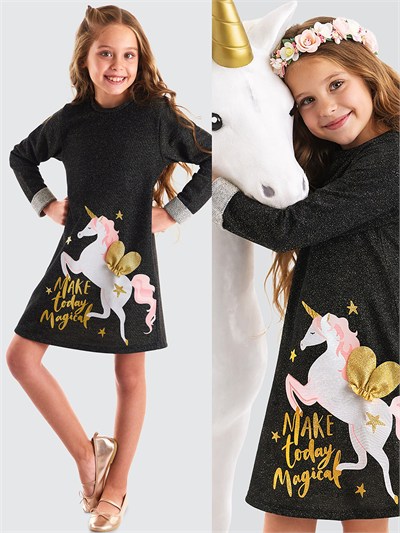 Denokids Kanatlı Unicorn Desenli Uzun Kollu Kız Çocuk Elbise