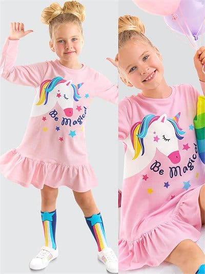 Denokids Unicorn Magic Desenli Uzun Kollu Kışlık Kız Çocuk Fırfırlı Elbise