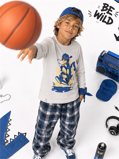 Denokids Puddle Erkek Çocuk Ördek Baskılı %100 Pamuk T-shirt ve  Ekose Dokuma Pantolon Takımı