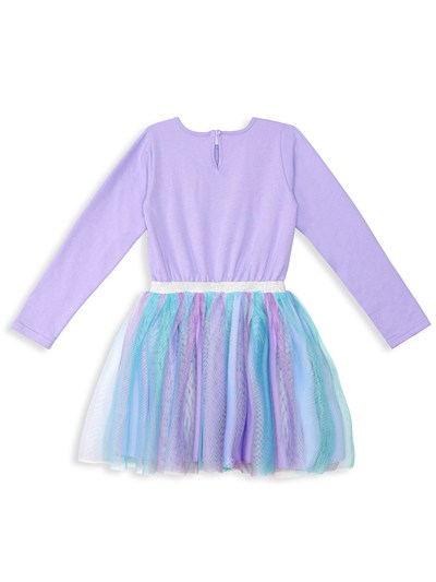 Denokids Unicorn Kedi Desenli Tüllü Uzun Kollu Kışlık Kız Çocuk Elbise