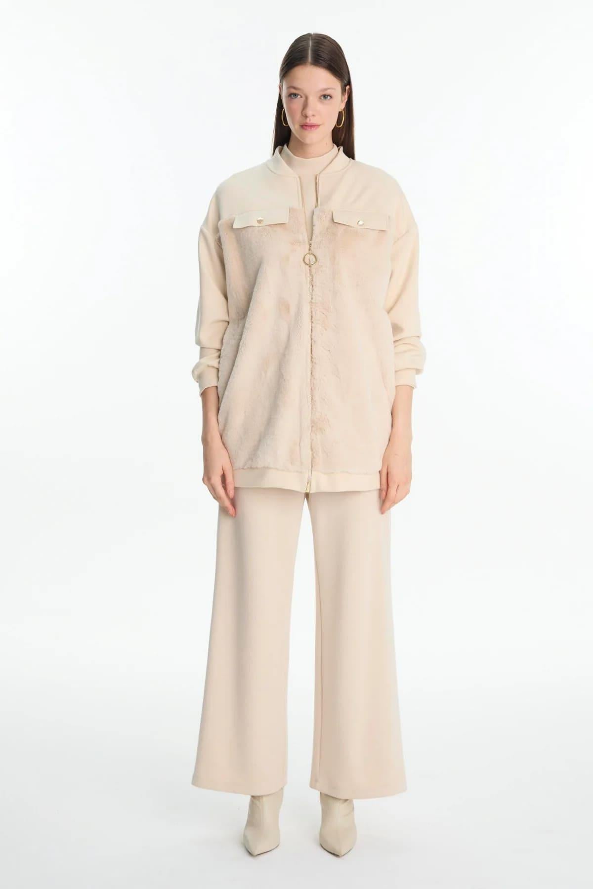 Fermuarlı Peluş Vanilya Ceket C-0156