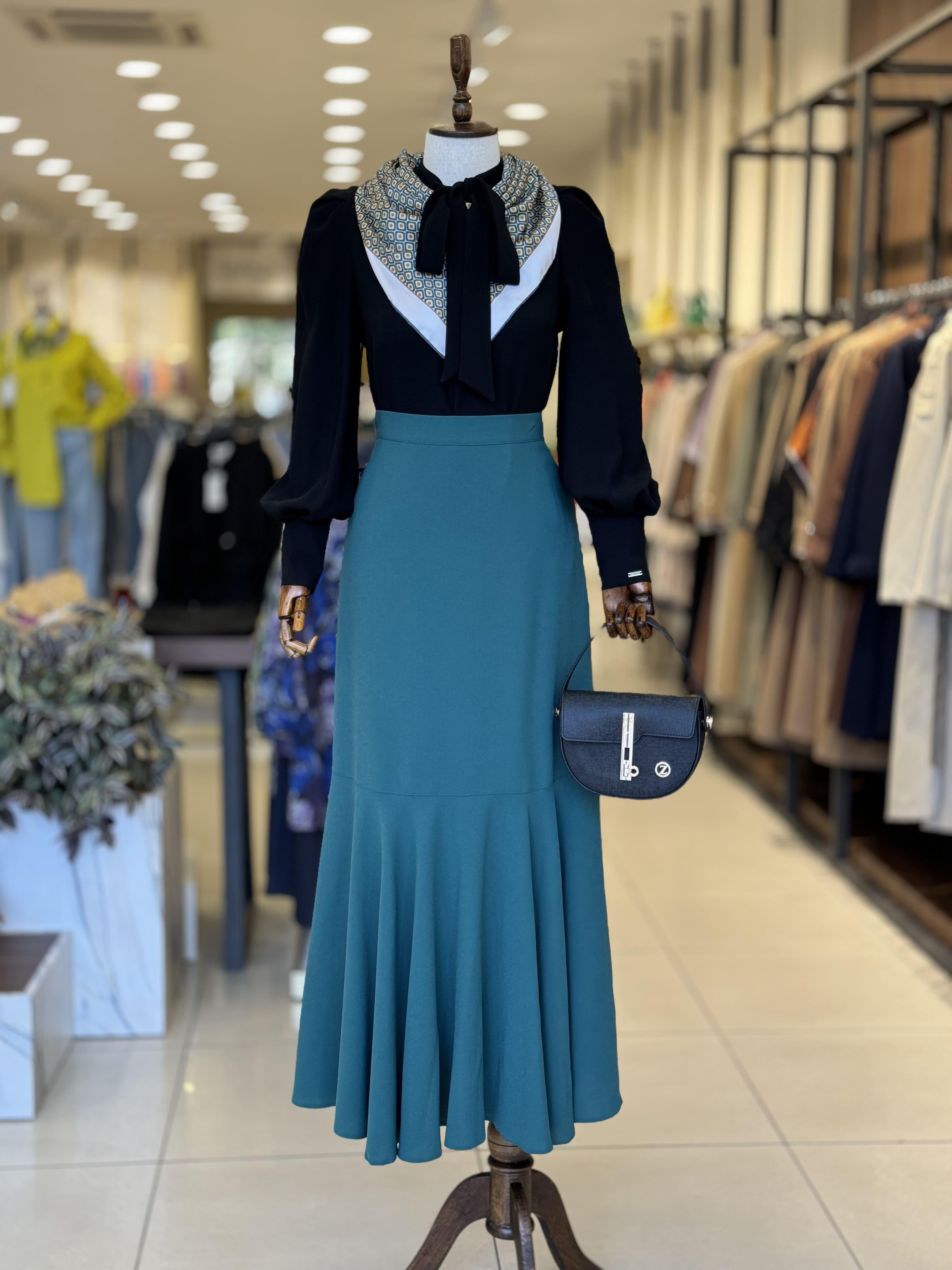 Yüksek Bel Volanlı Zümrüt Etek 0172 