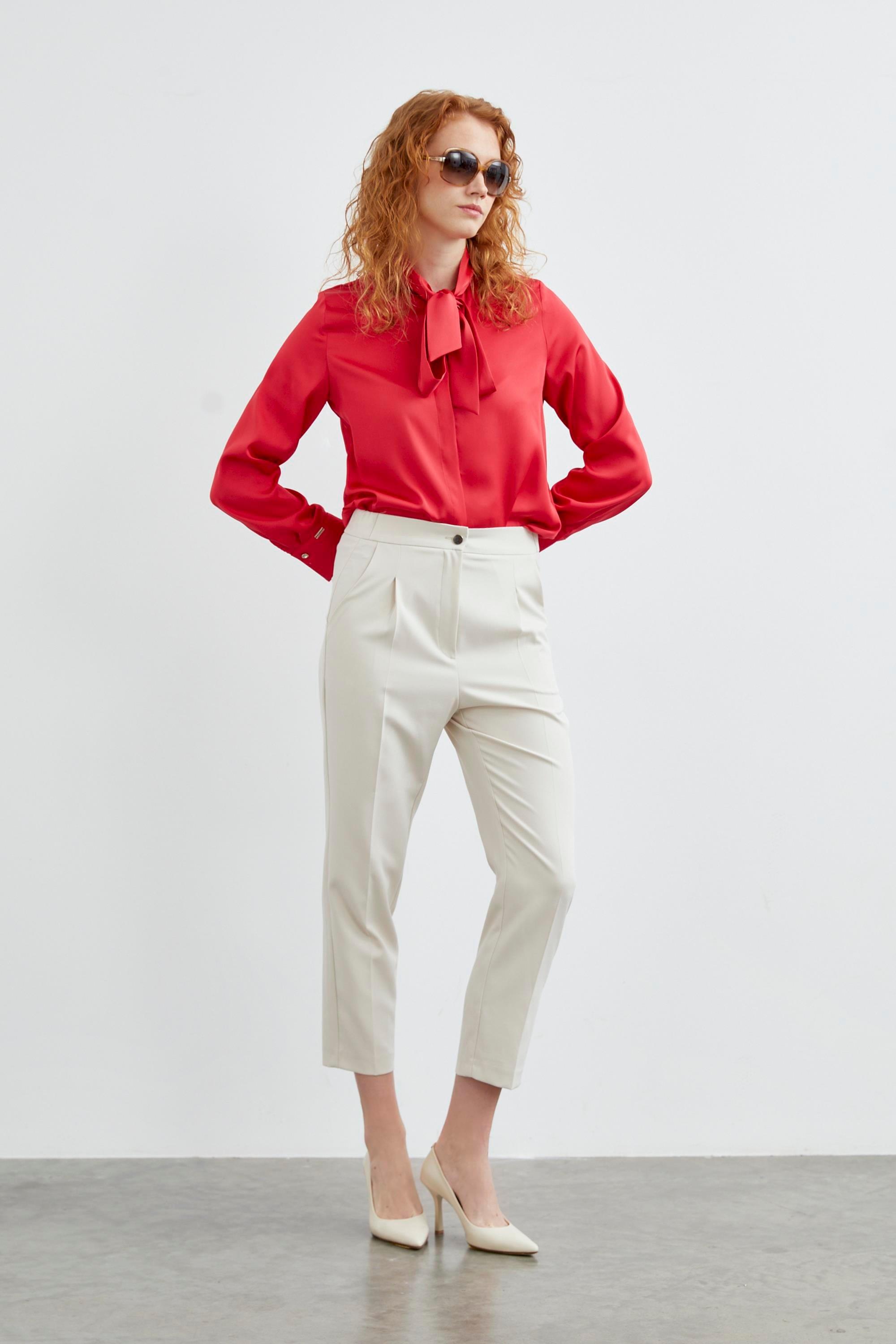 Yüksek Bel Bej Kumaş Pantolon 0200