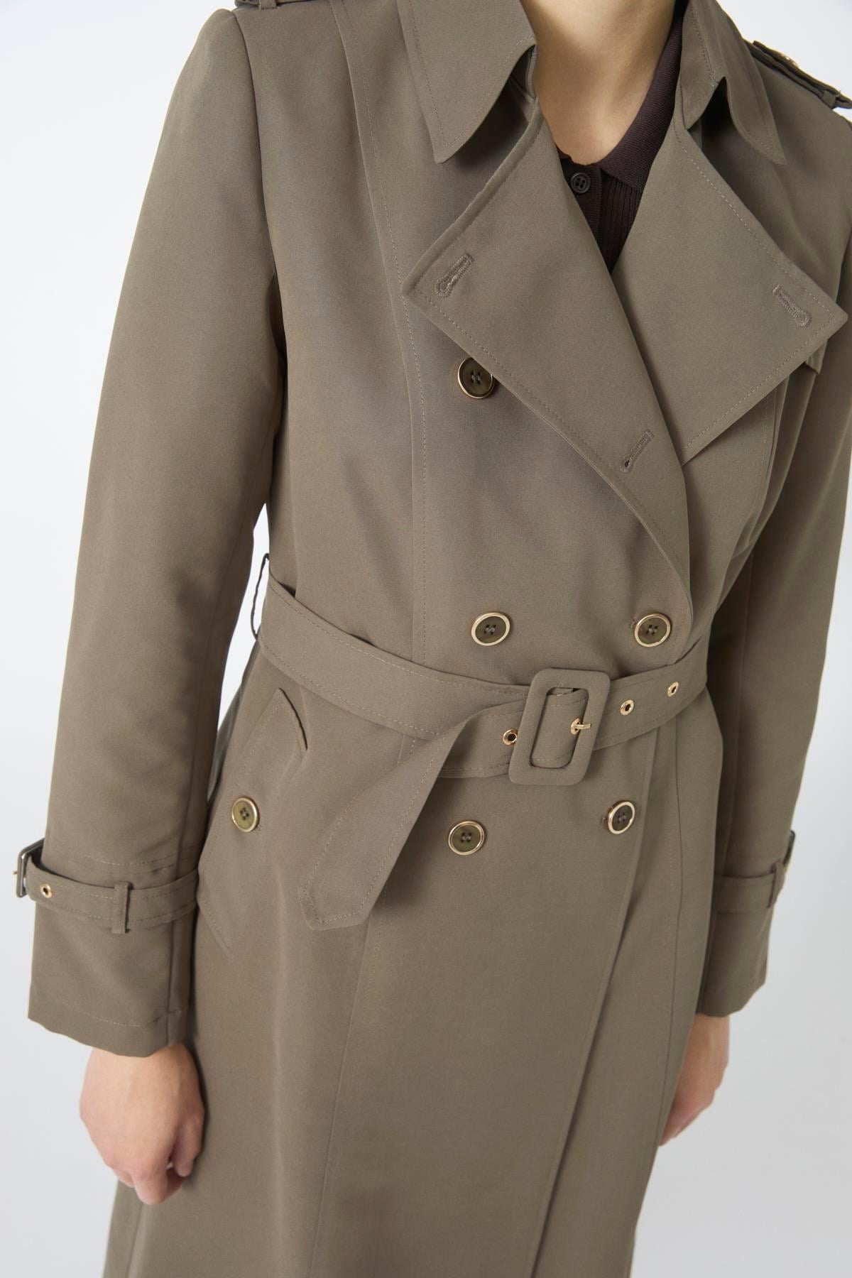 Kruvaze Yaka Beli Kuşaklı Uzun Haki Trençkot 12528