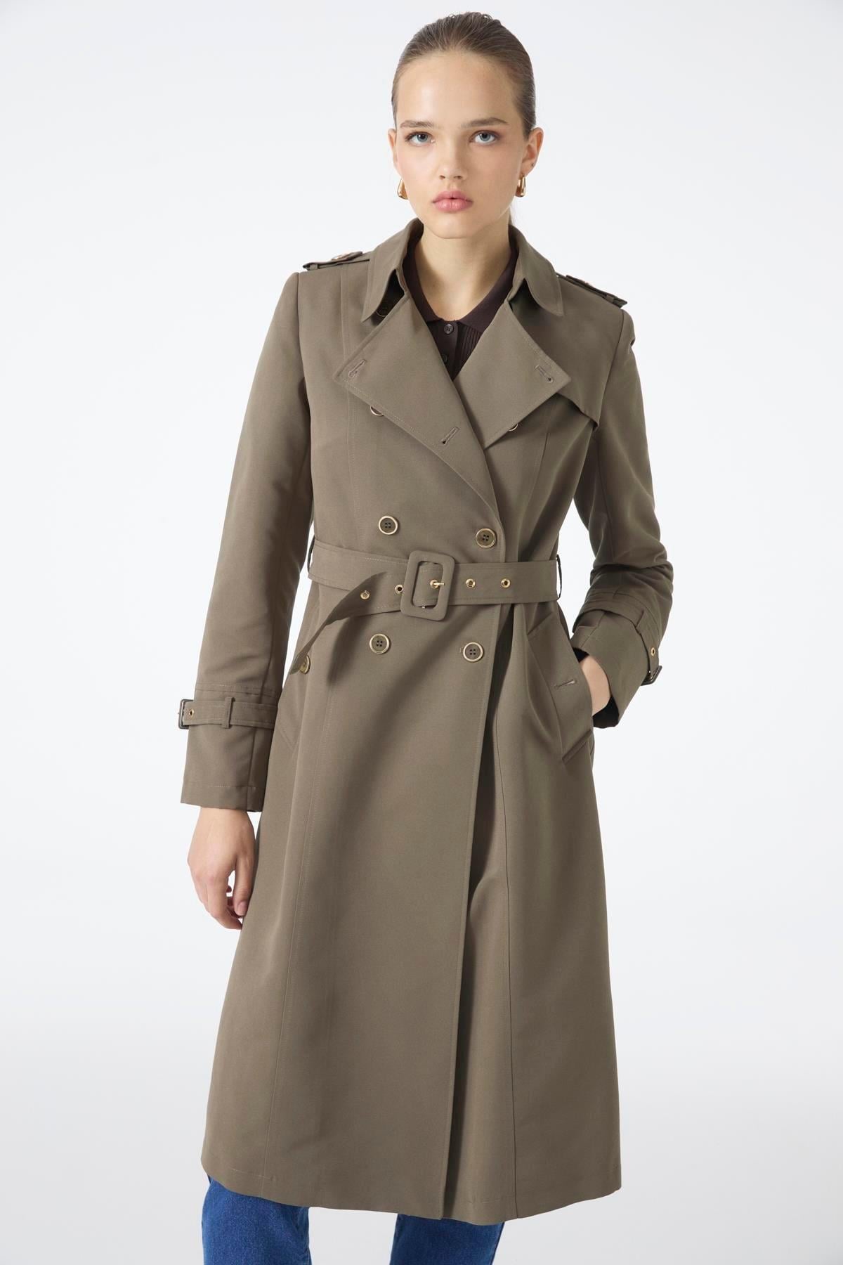 Kruvaze Yaka Beli Kuşaklı Uzun Haki Trençkot 12528