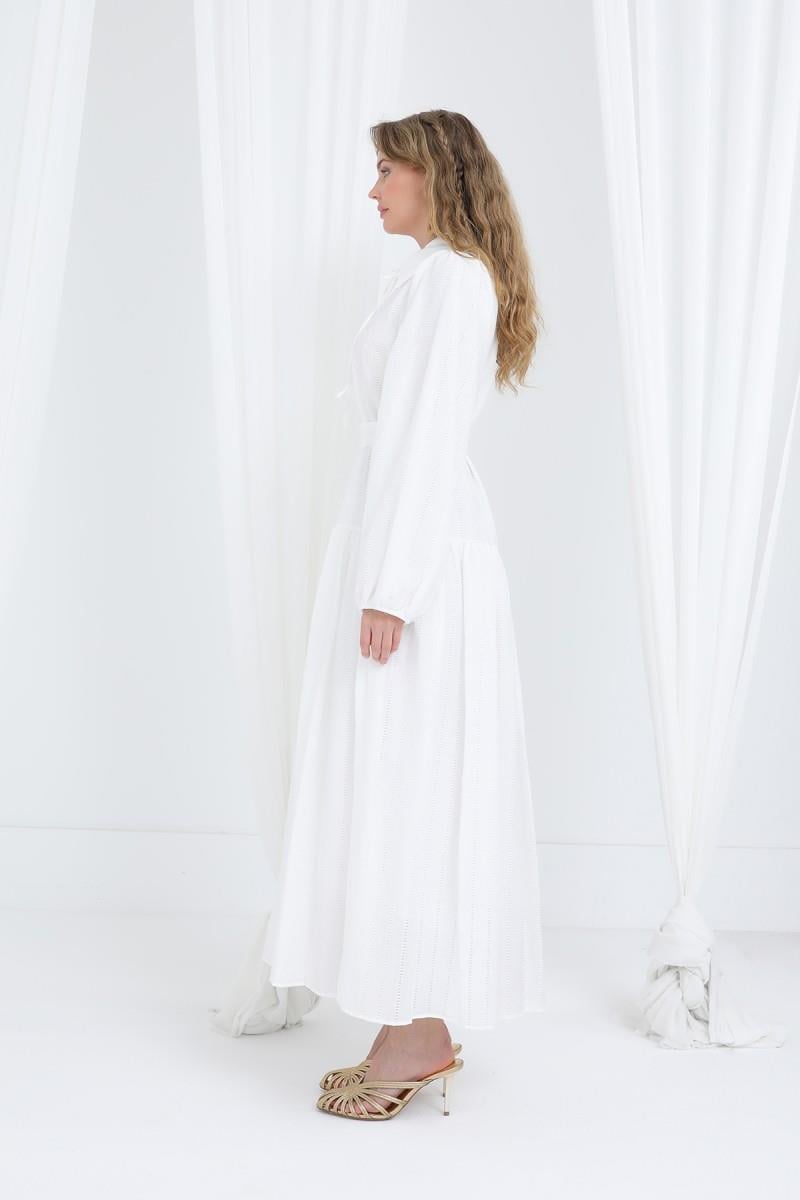 Kadın Kuşaklı Balon Kol Uzun Elbise Ekru 12628