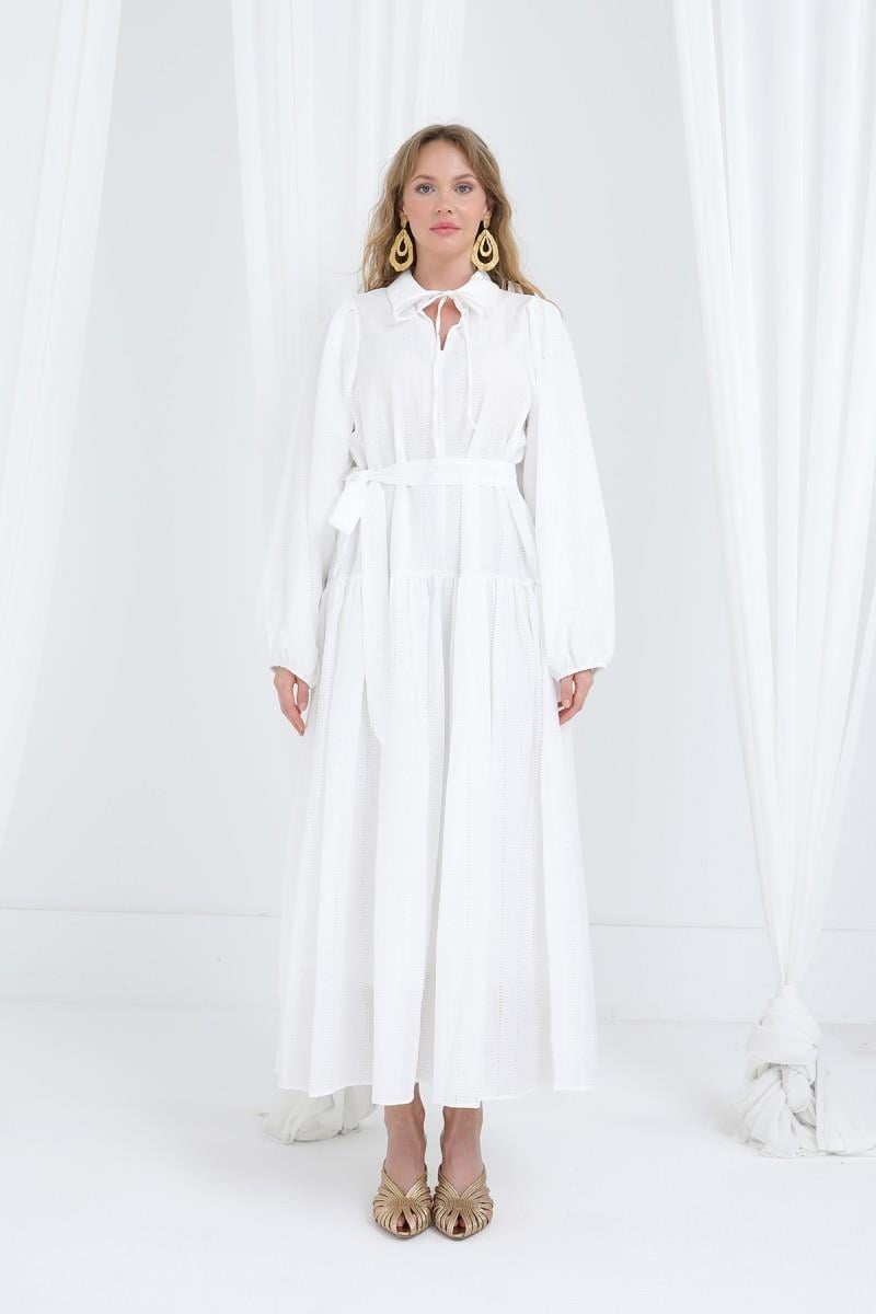 Kadın Kuşaklı Balon Kol Uzun Elbise Ekru 12628