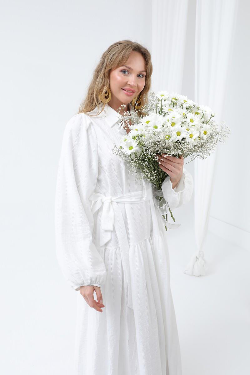 Kadın Kuşaklı Balon Kol Uzun Elbise Ekru 12628