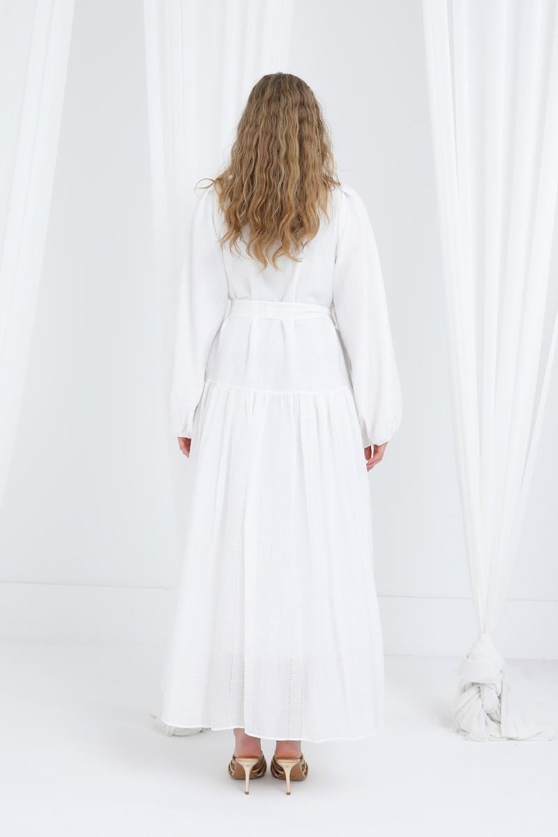 Kadın Kuşaklı Balon Kol Uzun Elbise Ekru 12628