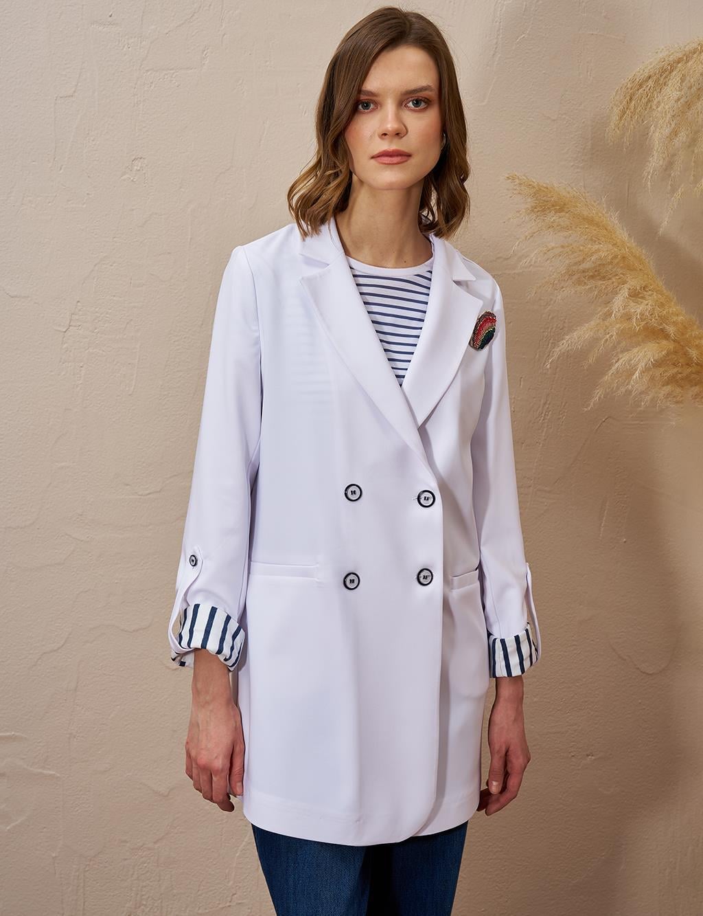 BROŞLU BLAZER CEKET OPTİK BEYAZ  13026