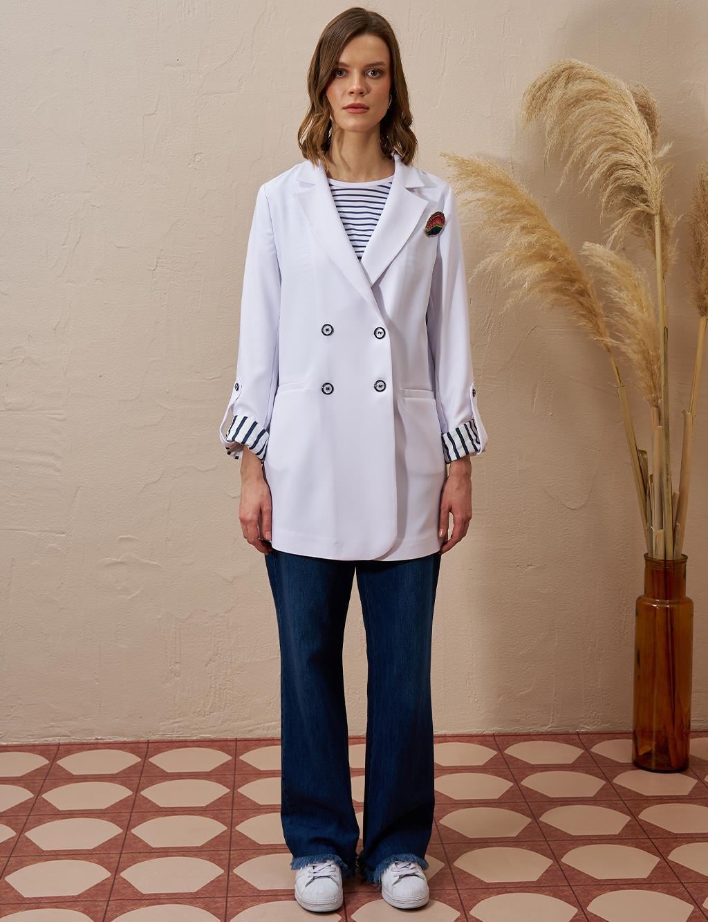 BROŞLU BLAZER CEKET OPTİK BEYAZ  13026