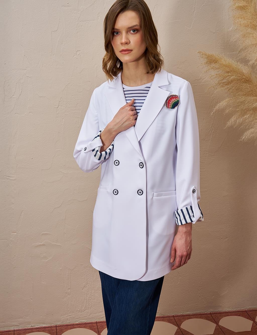 BROŞLU BLAZER CEKET OPTİK BEYAZ  13026