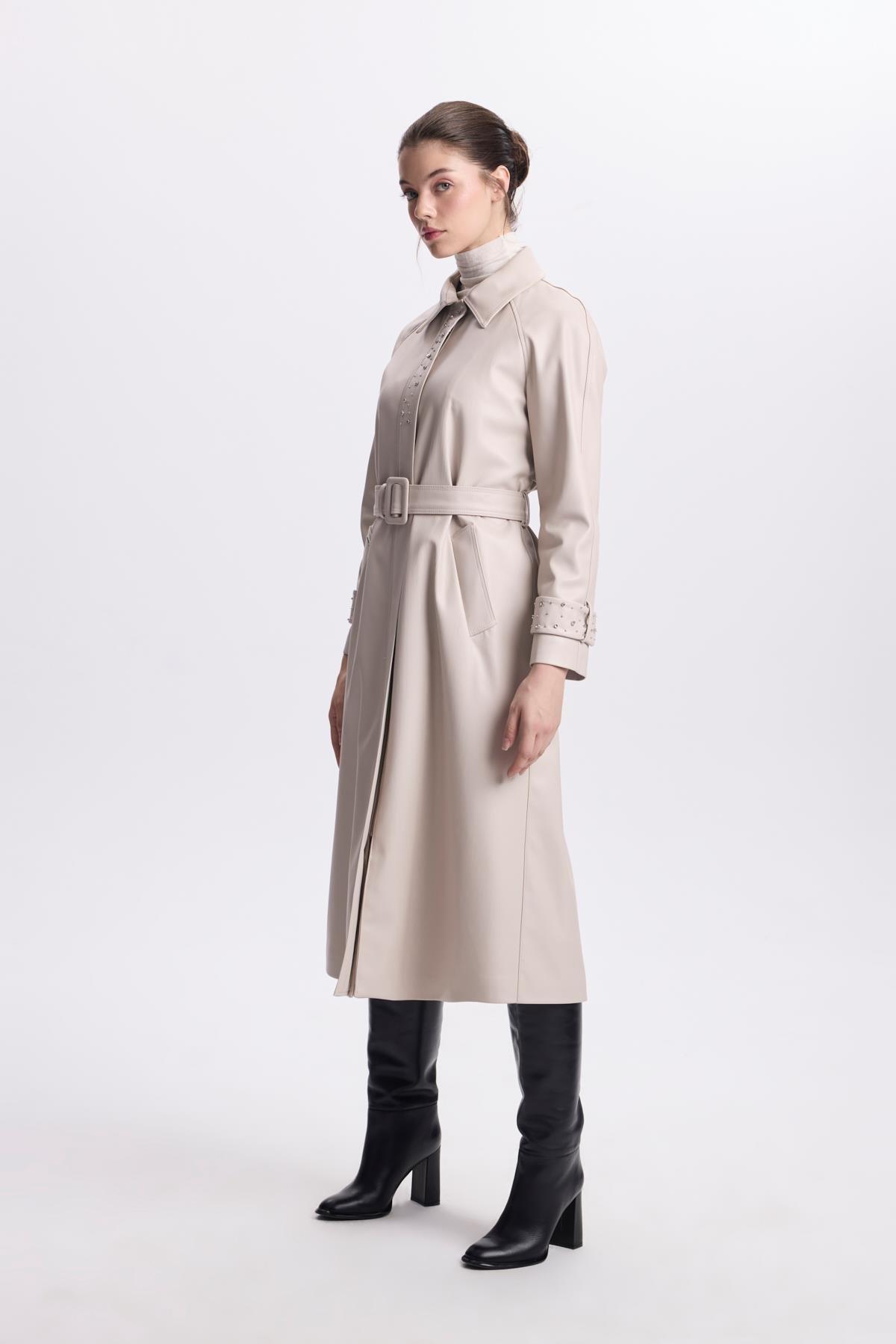 Kol Detaylı Kemerli Deri Taş Trençkot 13518