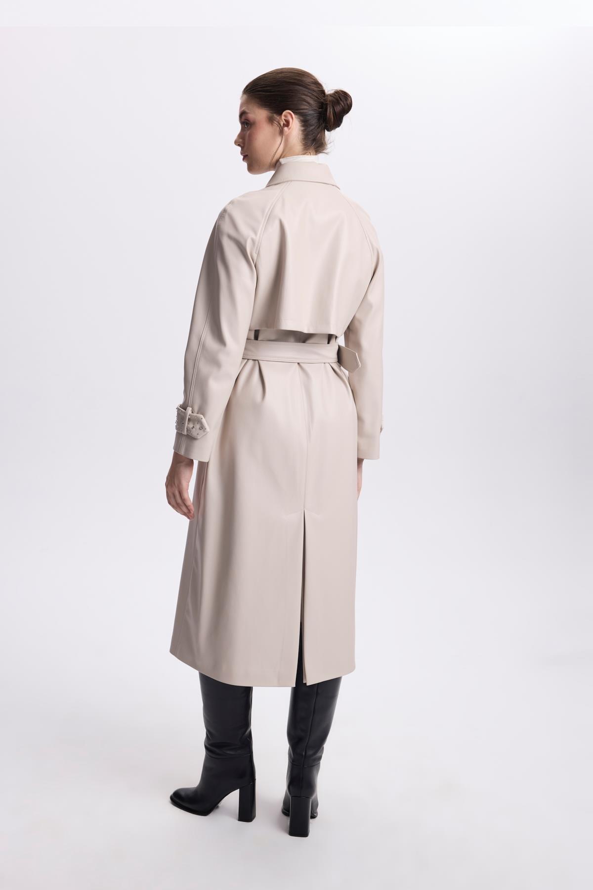 Kol Detaylı Kemerli Deri Taş Trençkot 13518