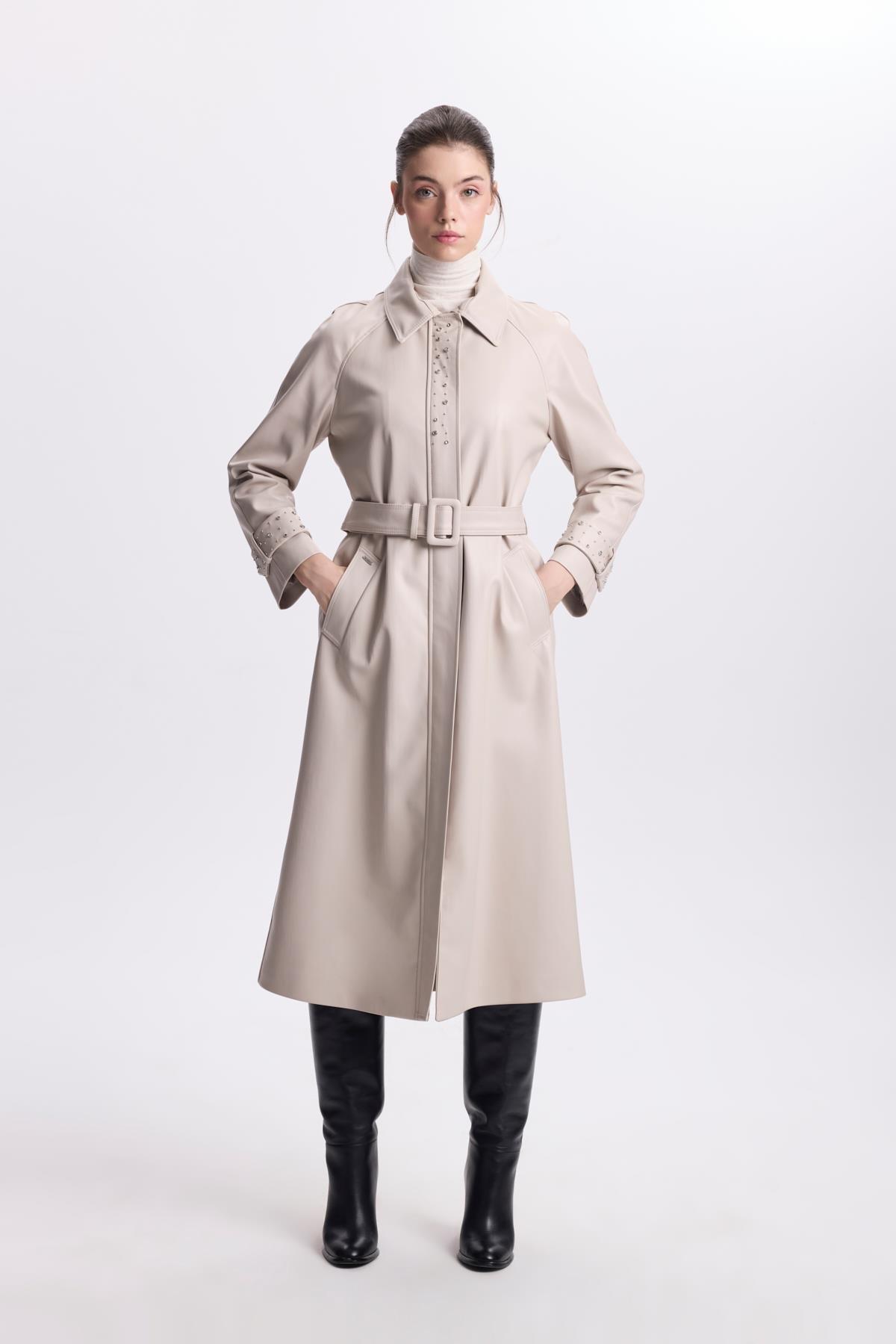 Kol Detaylı Kemerli Deri Taş Trençkot 13518