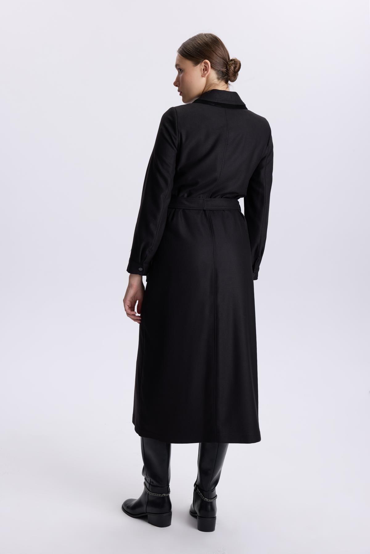 Gömlek Yaka Cep Detaylı Siyah Pardesü 13579