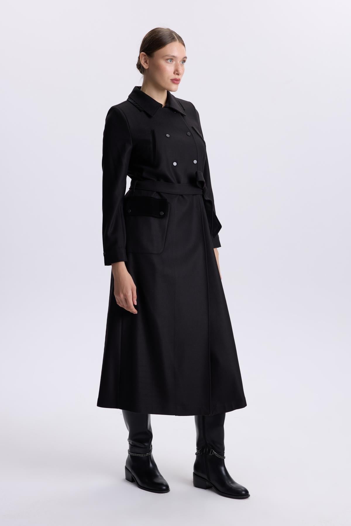 Gömlek Yaka Cep Detaylı Siyah Pardesü 13579