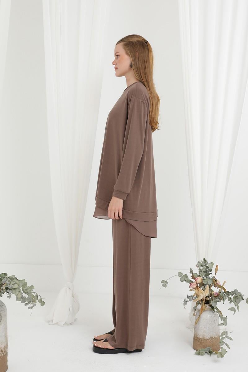Şifon Geçişli Kahve Pantolon Takım 14352