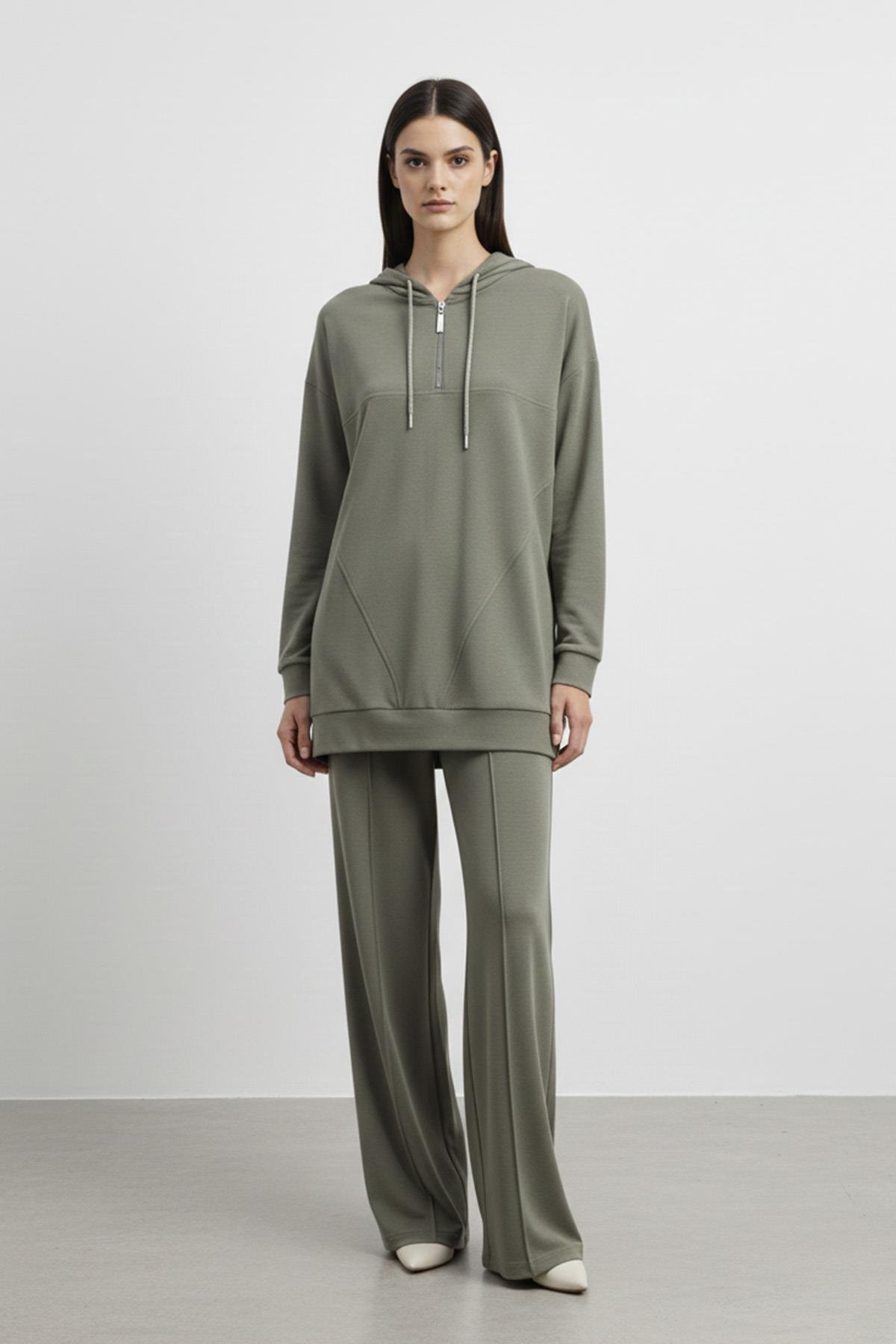 Rahat Kesim Kapüşonlu Sweatshirt ve Pantolon Takımı Haki 14411