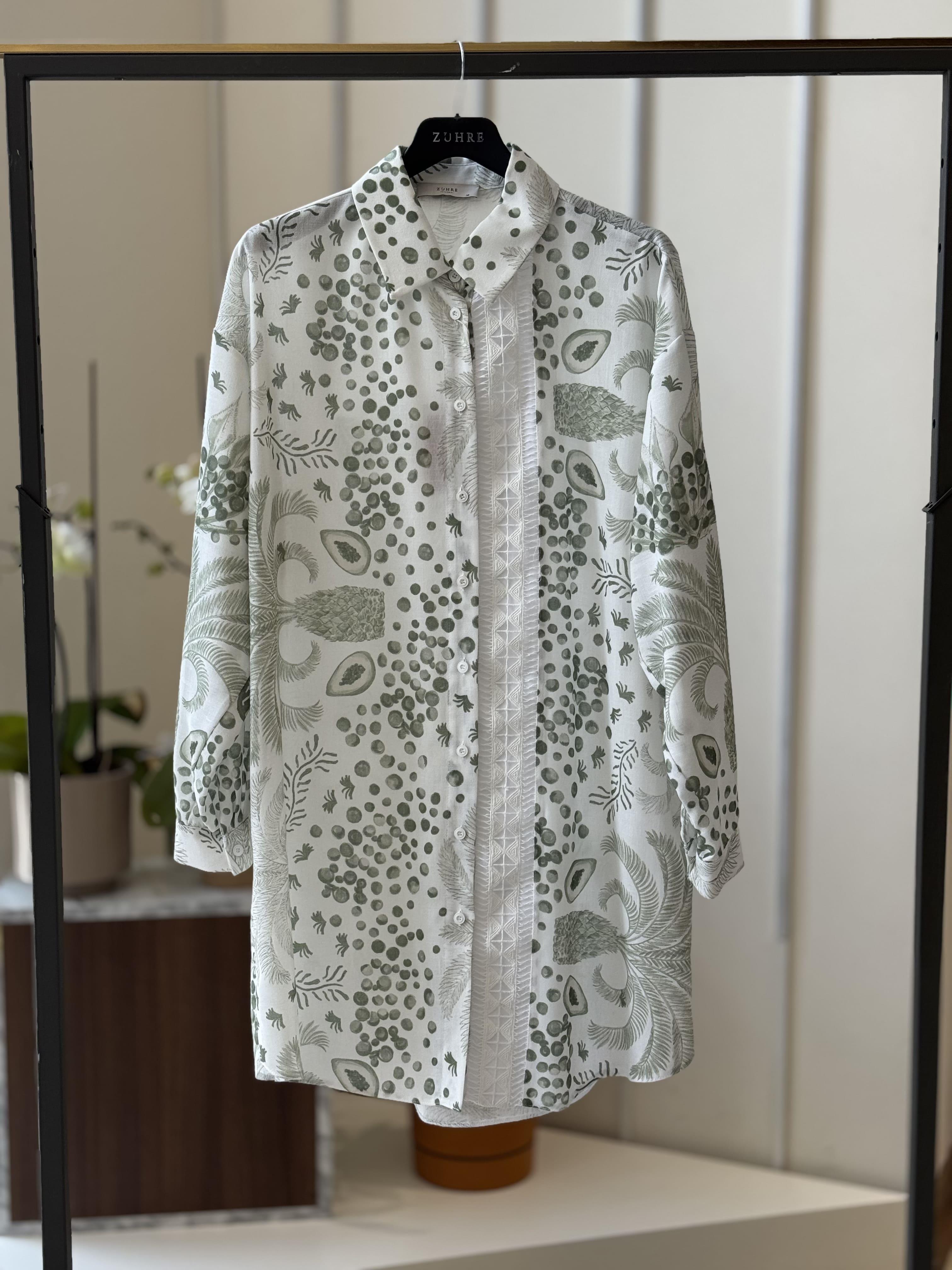 Desenli Şerit Detaylı Yeşil Tunik T-1570