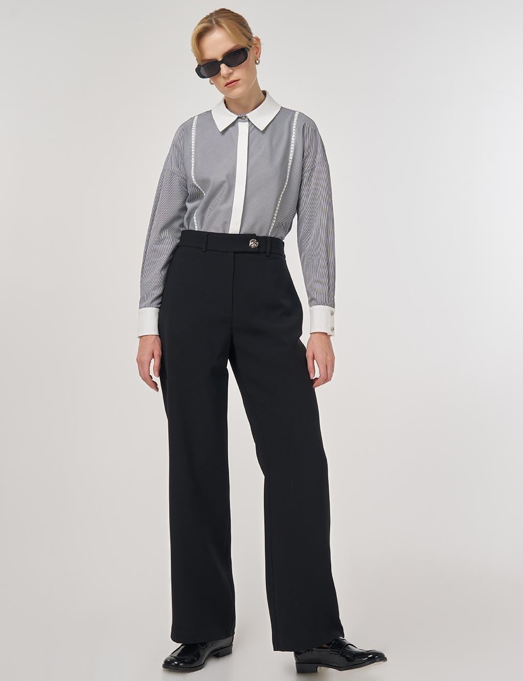 Düğme Detaylı Kumaş Pantolon Siyah 16049