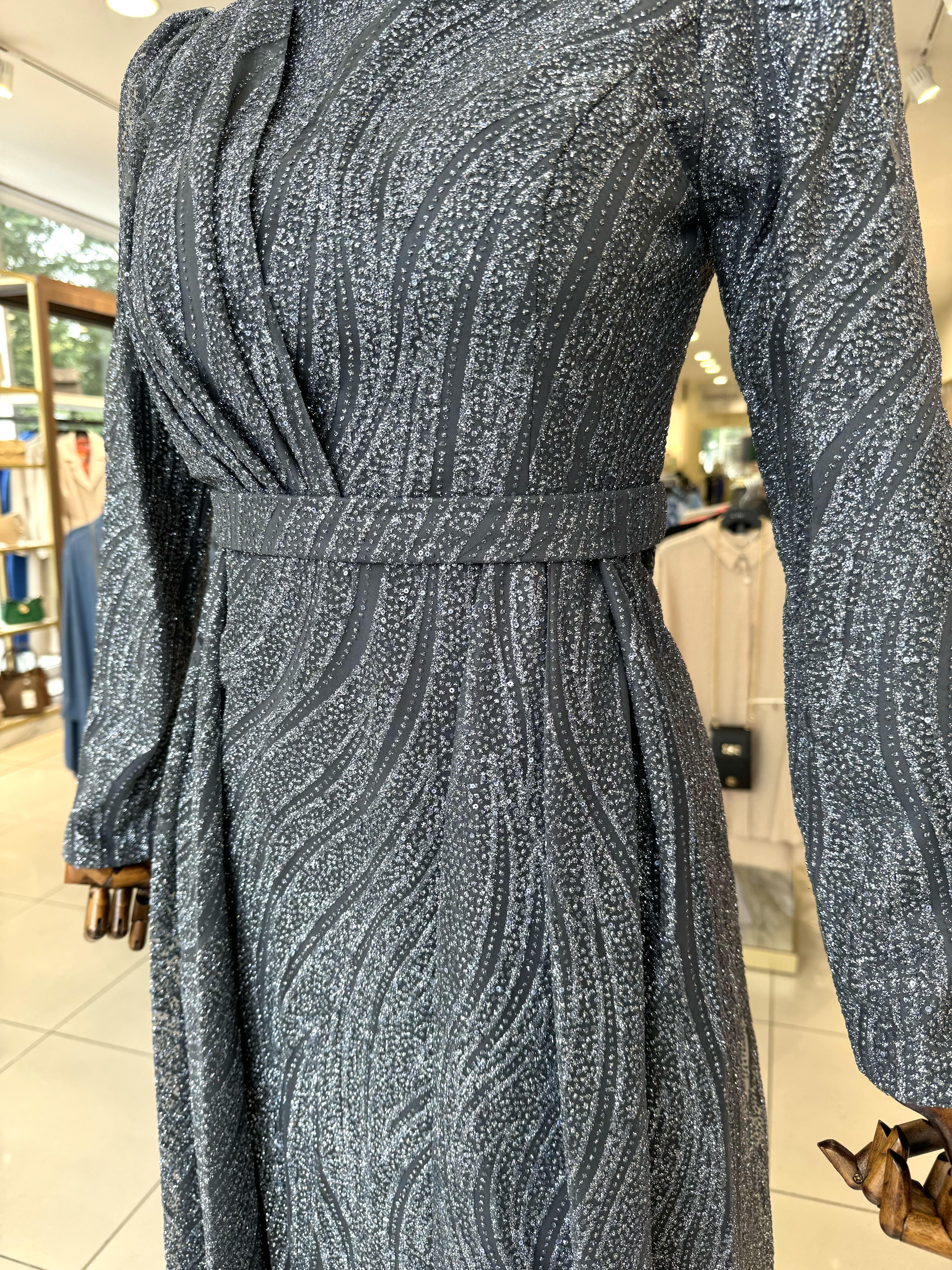 İşleme Desen Detaylı Gri Elegans Abiye 2353