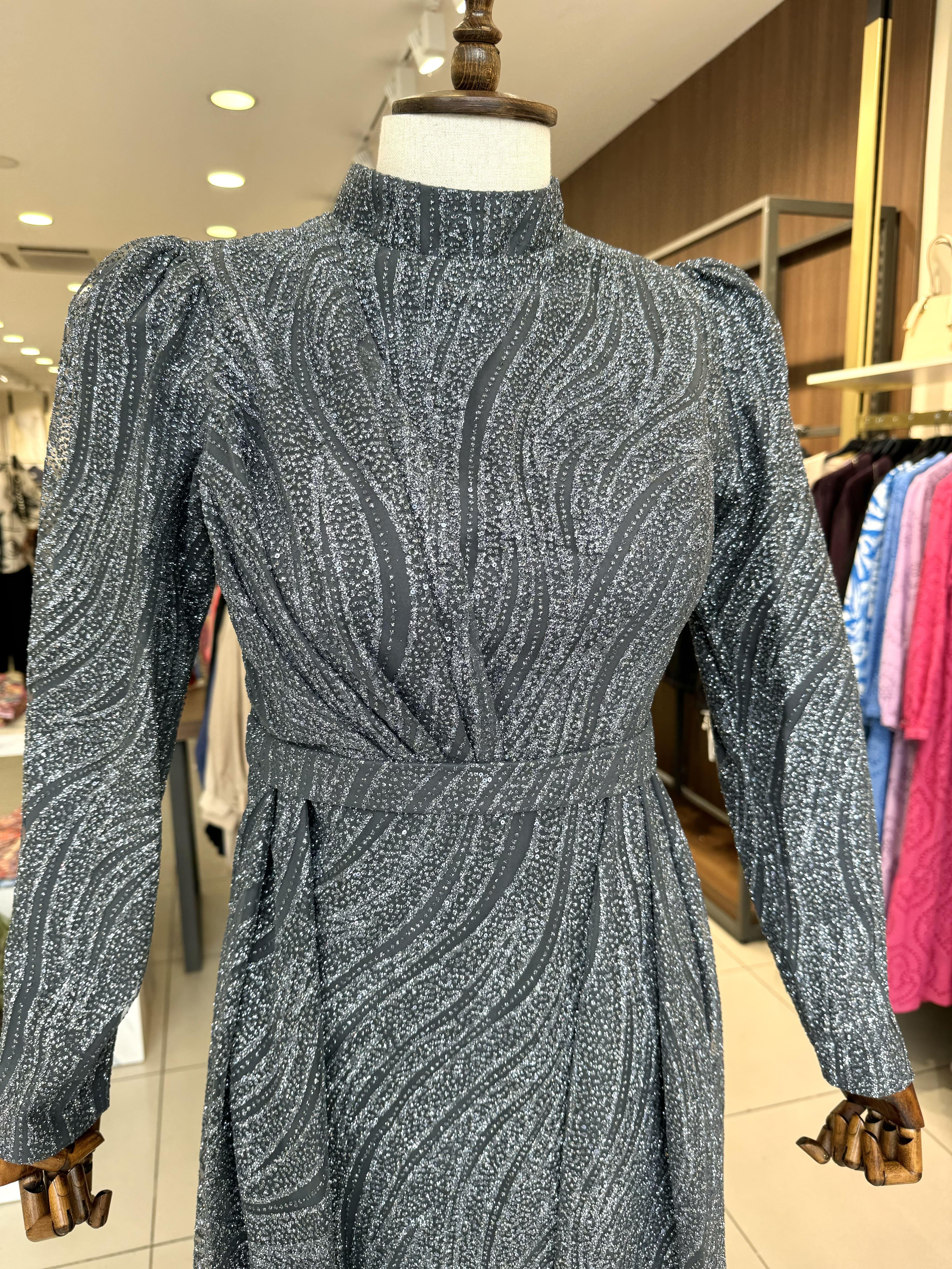 İşleme Desen Detaylı Gri Elegans Abiye 2353