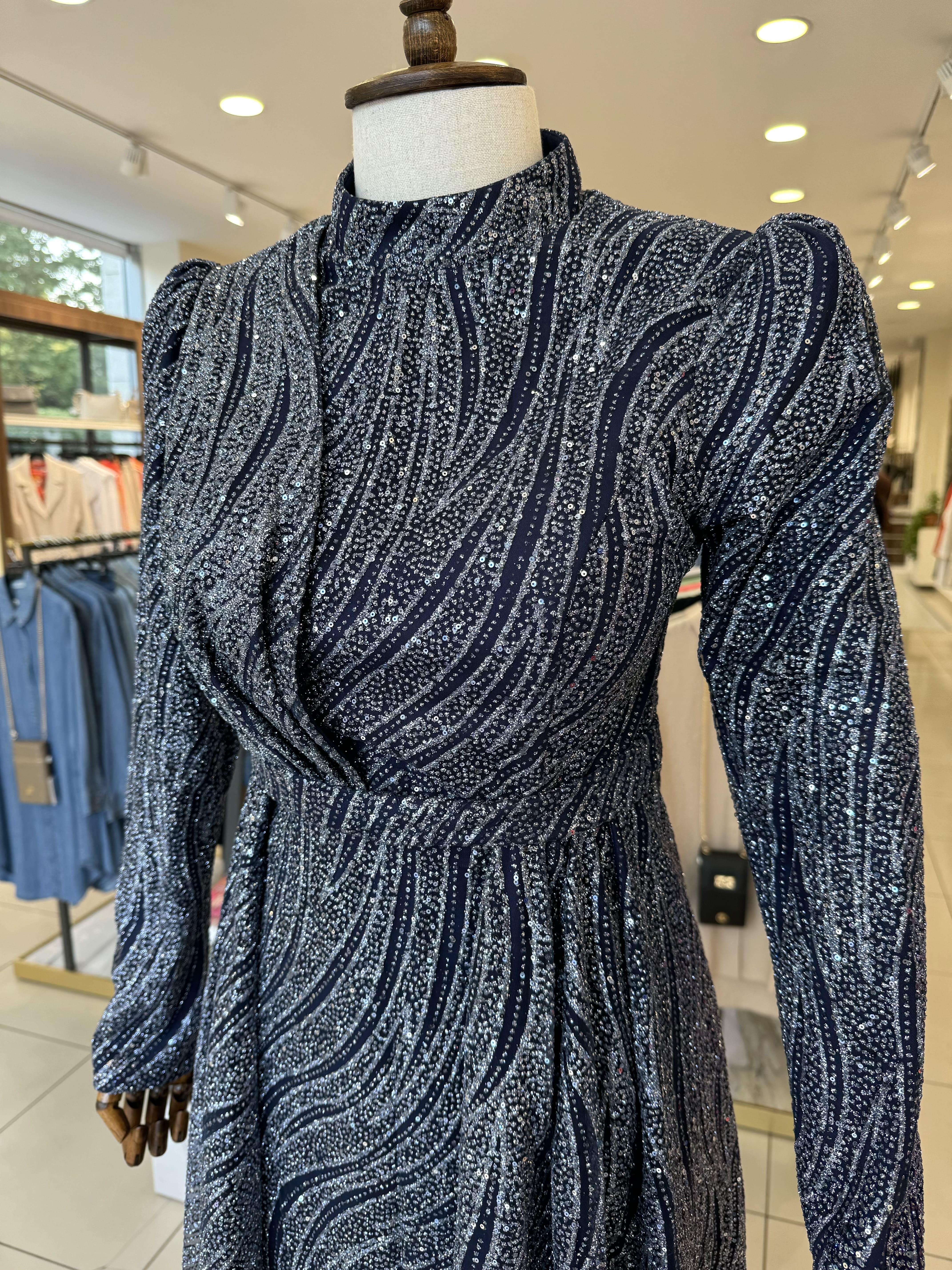 İşleme Desen Detaylı Lacivert Elegans Abiye 2353