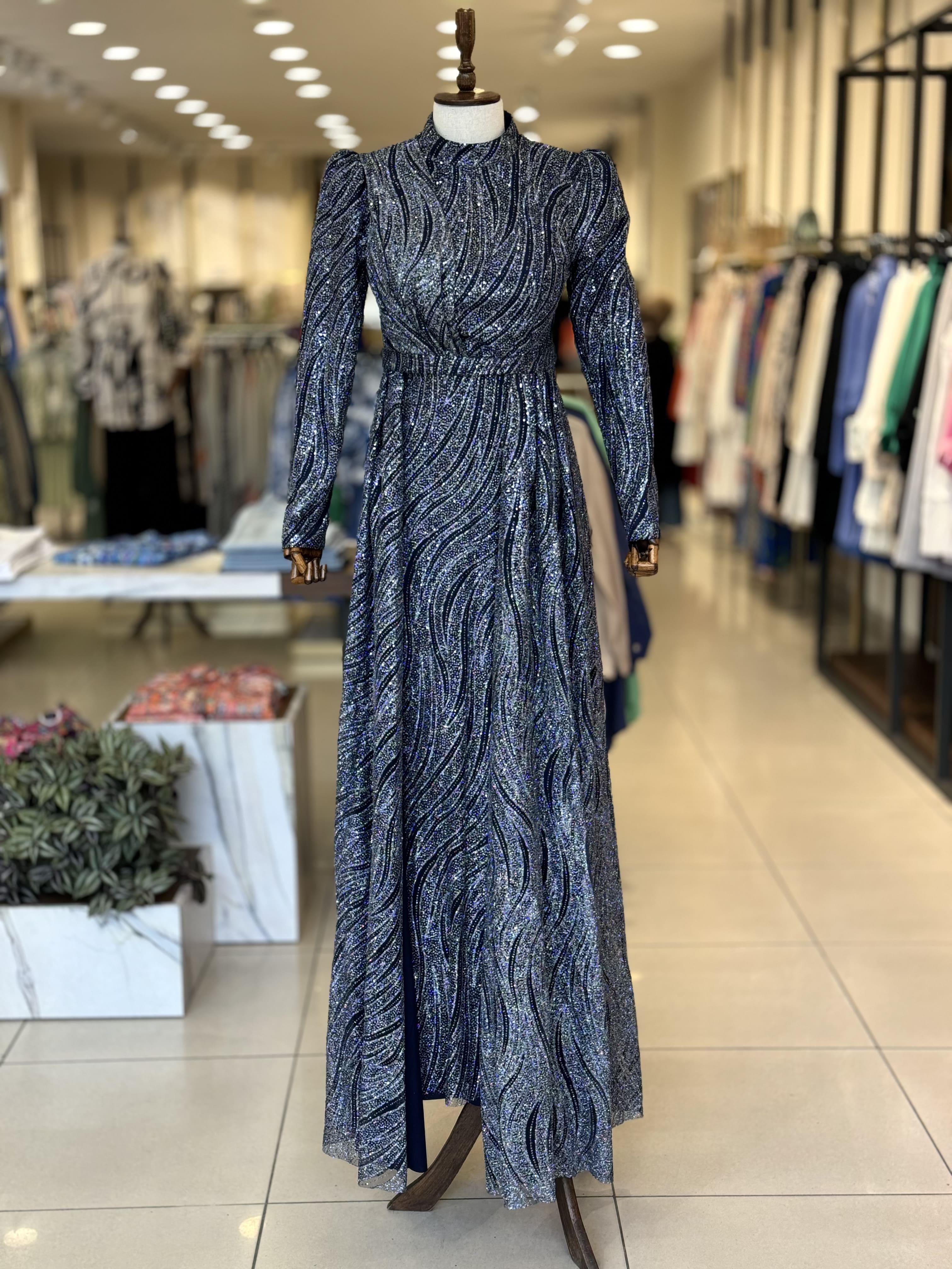 İşleme Desen Detaylı Lacivert Elegans Abiye 2353