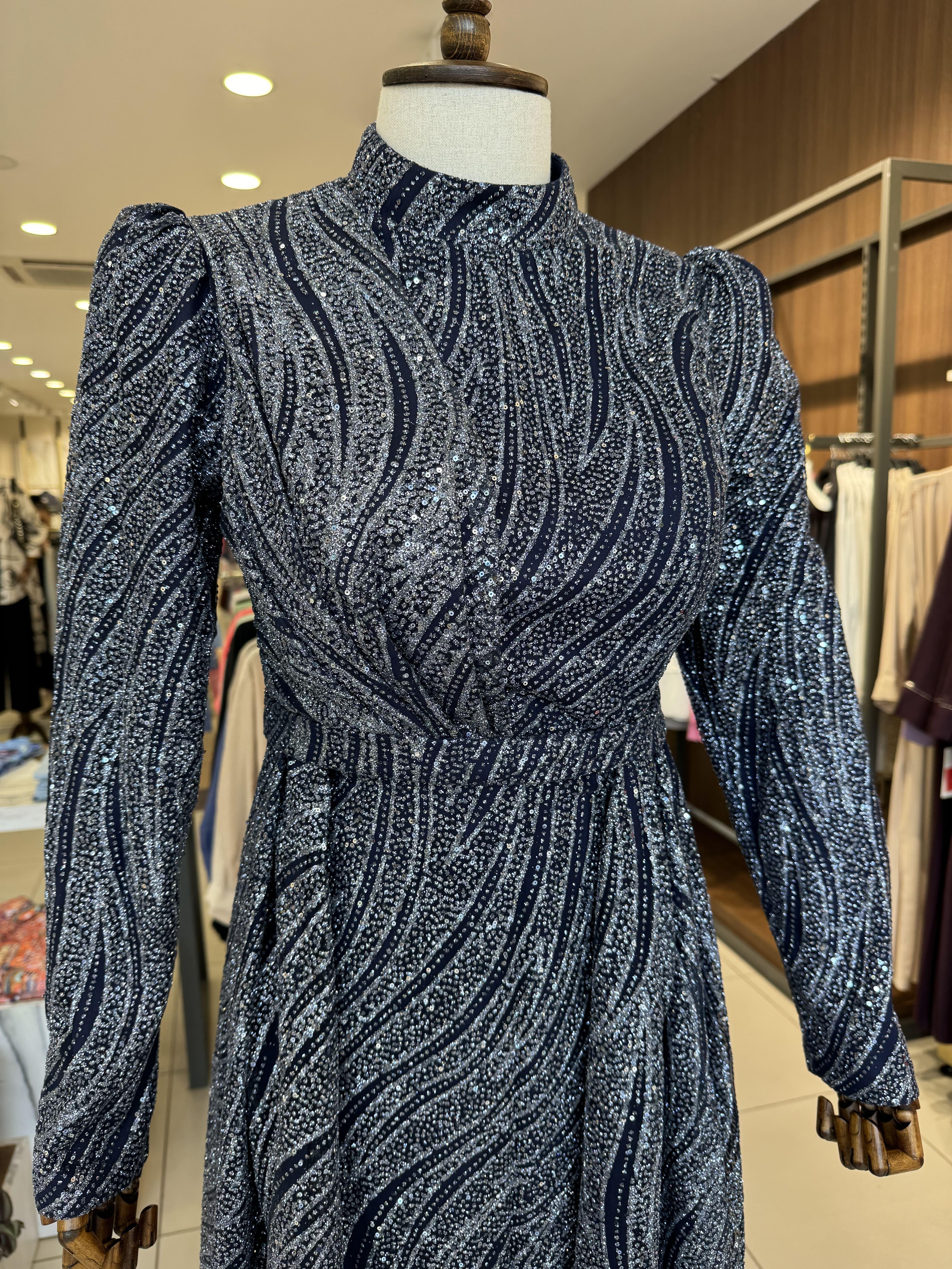 İşleme Desen Detaylı Lacivert Elegans Abiye 2353