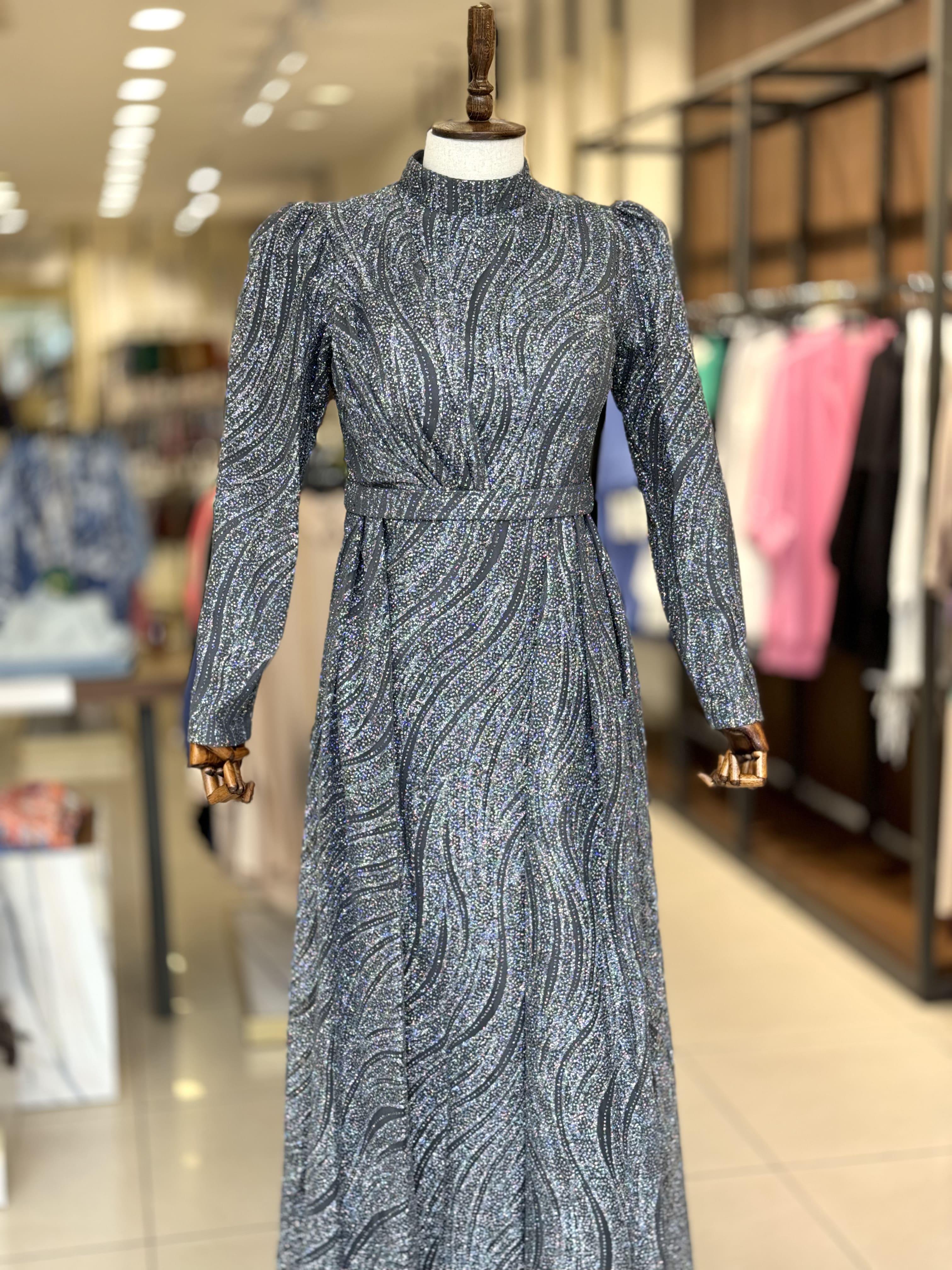 İşleme Desen Detaylı Gri Elegans Abiye 2353