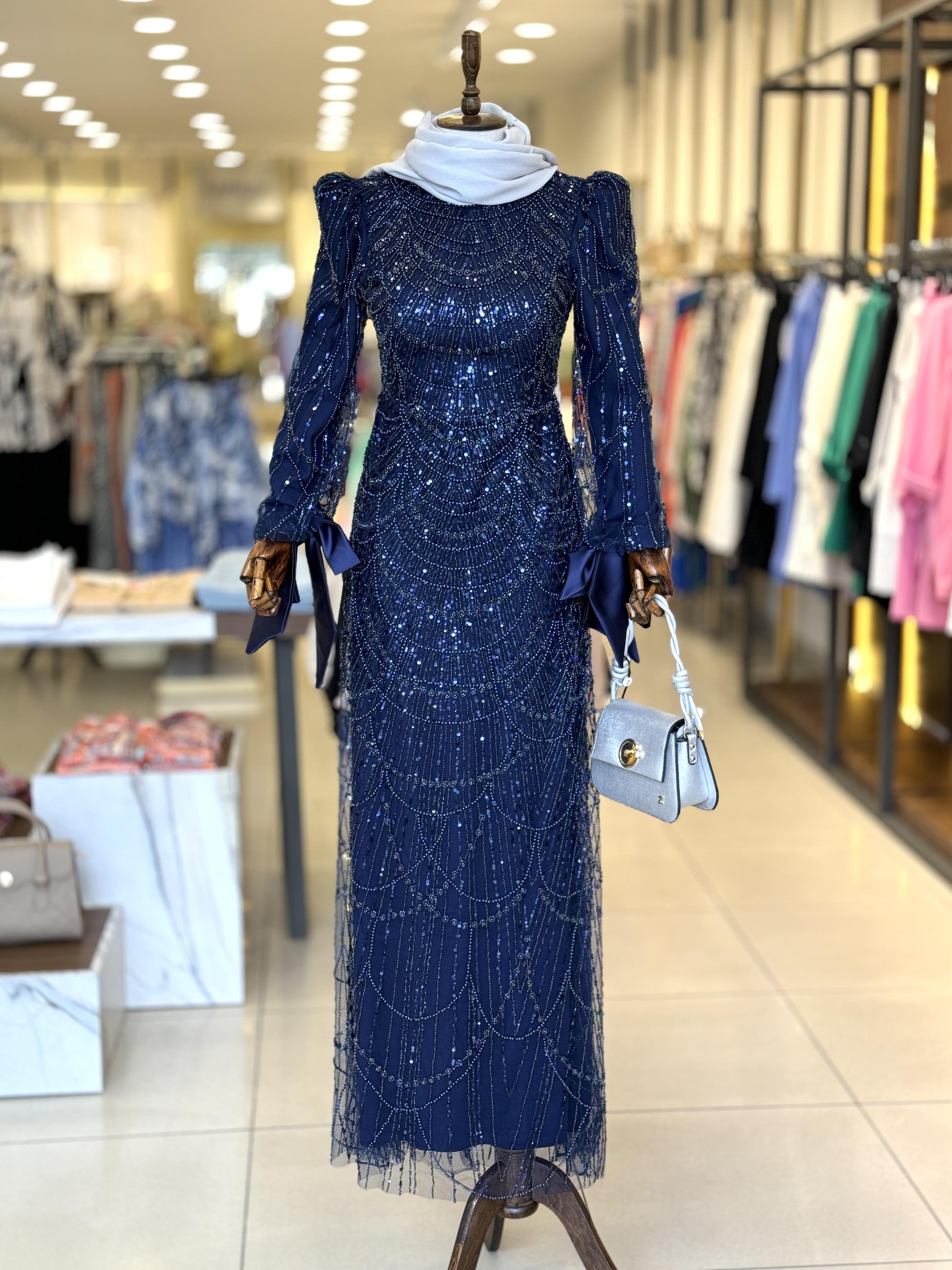 İşleme Taş Detaylı Lacivert Elegans Abiye 2403