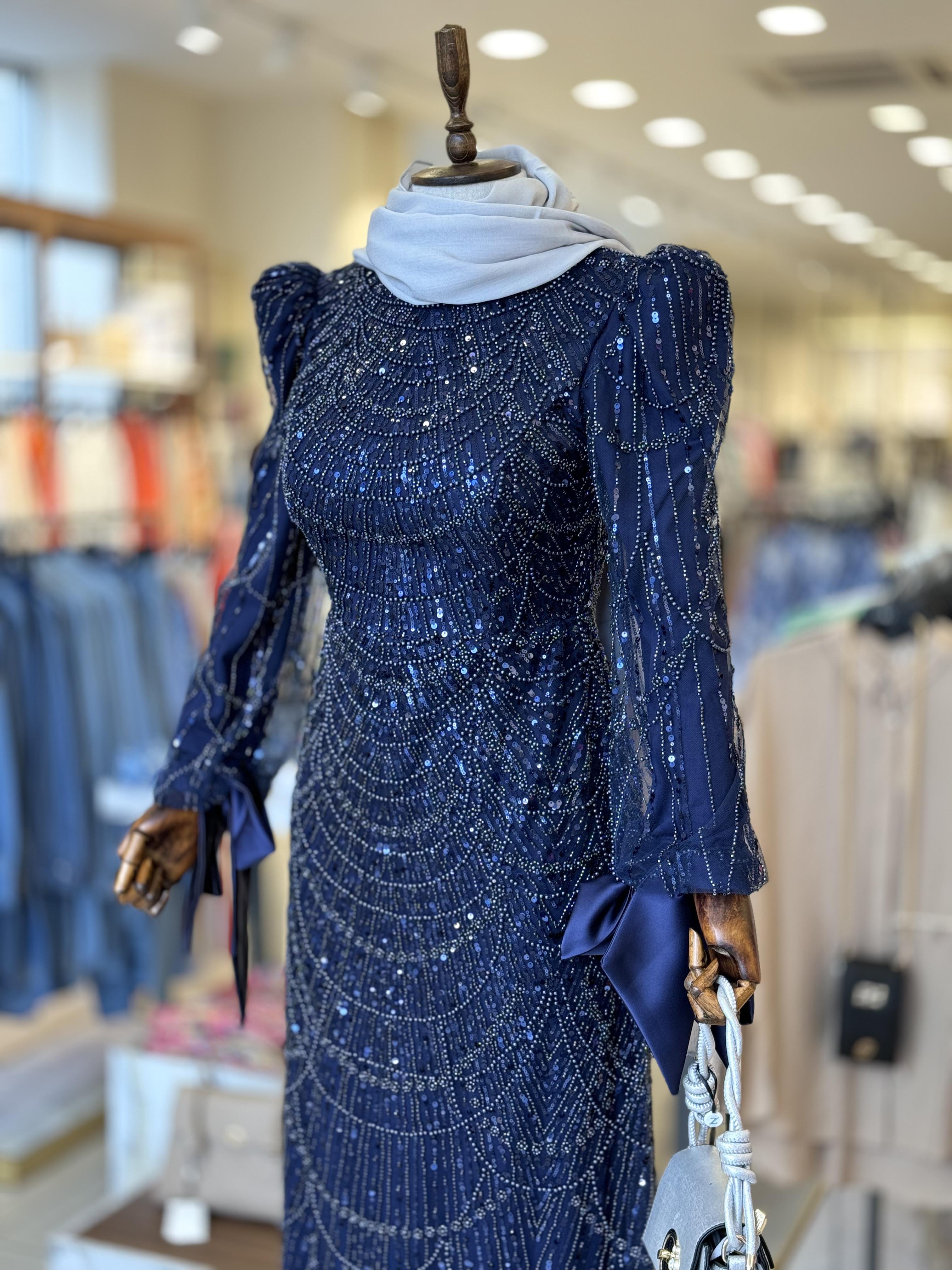 İşleme Taş Detaylı Lacivert Elegans Abiye 2403