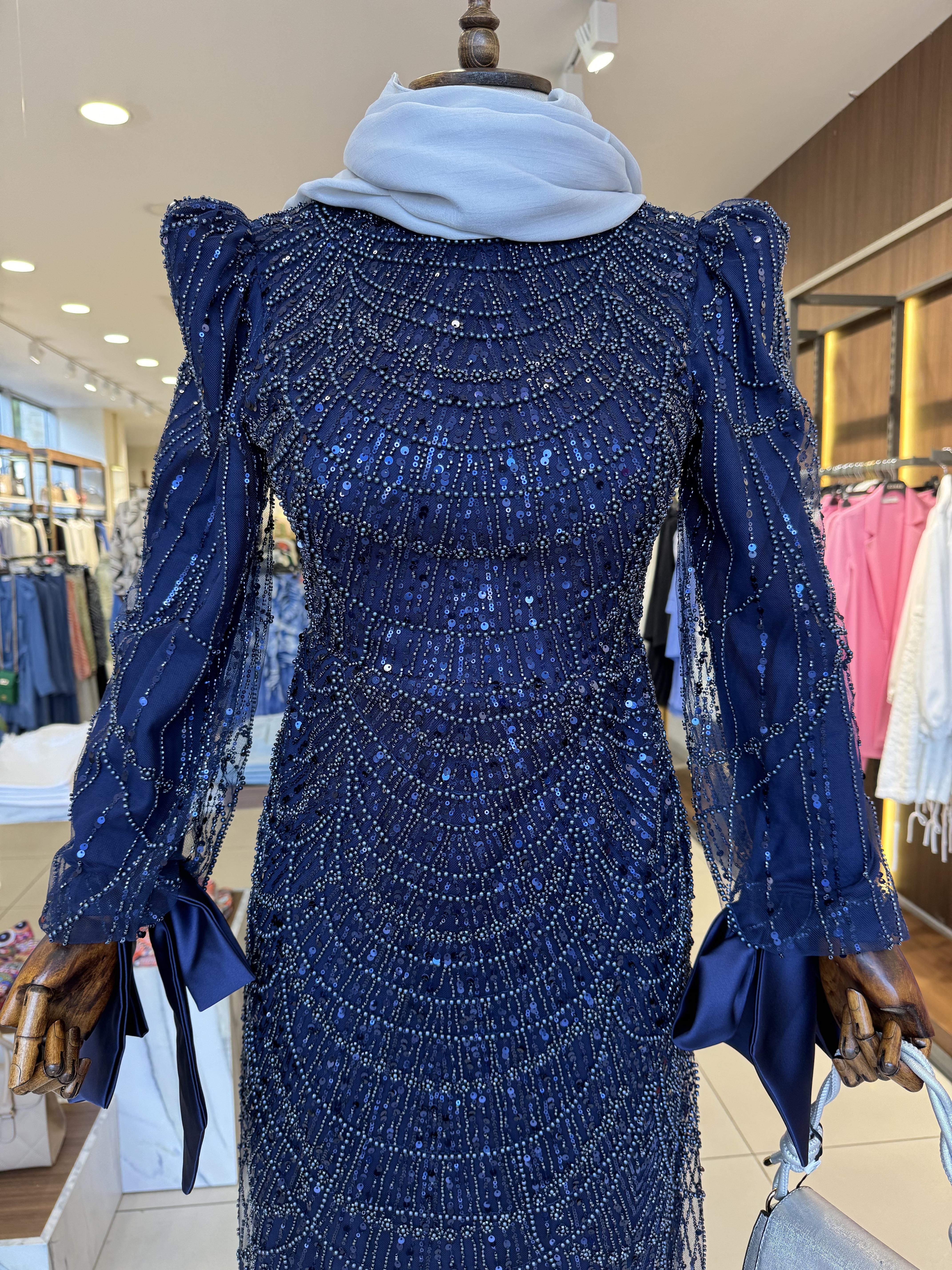 İşleme Taş Detaylı Lacivert Elegans Abiye 2403