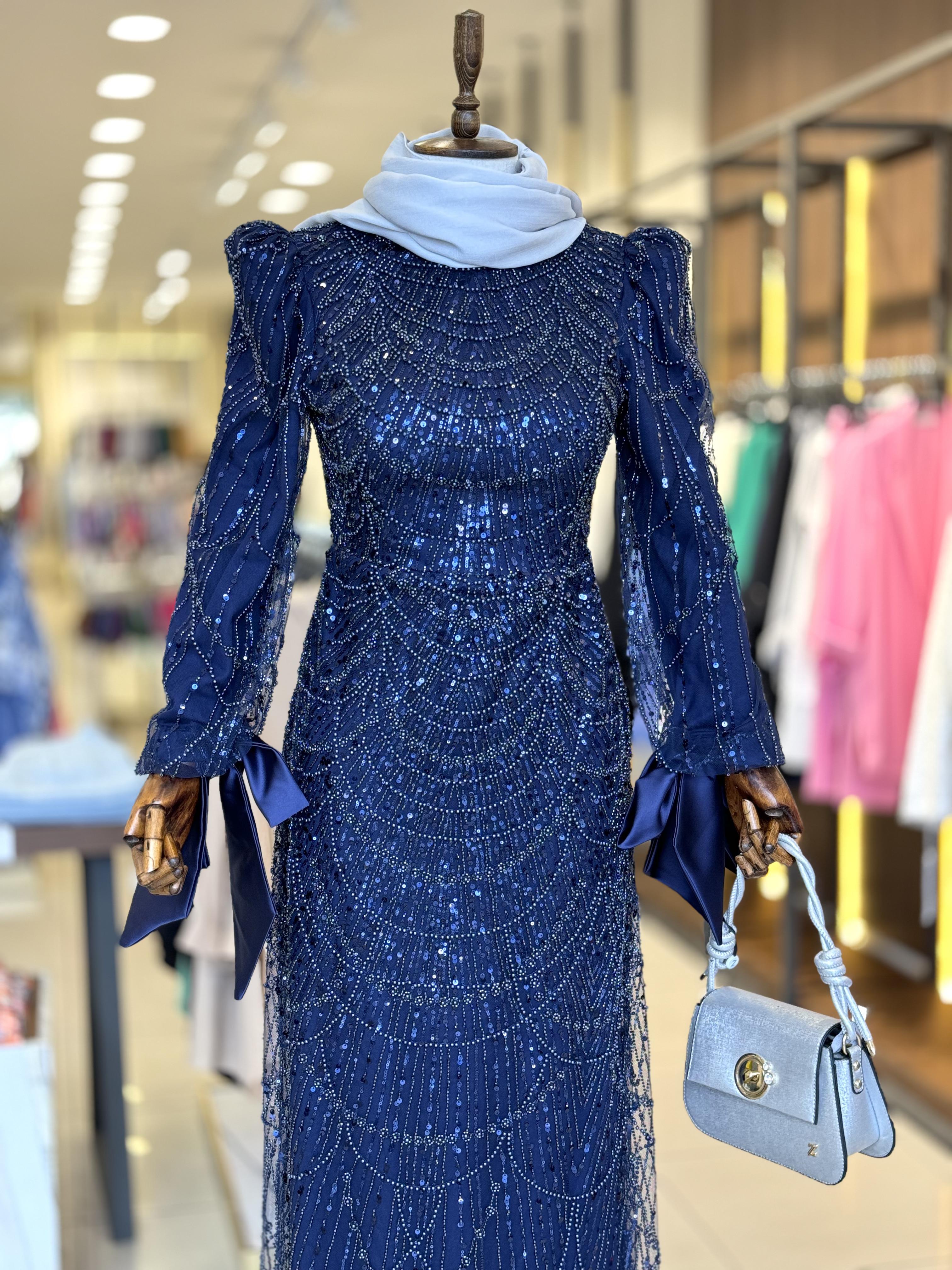 İşleme Taş Detaylı Lacivert Elegans Abiye 2403