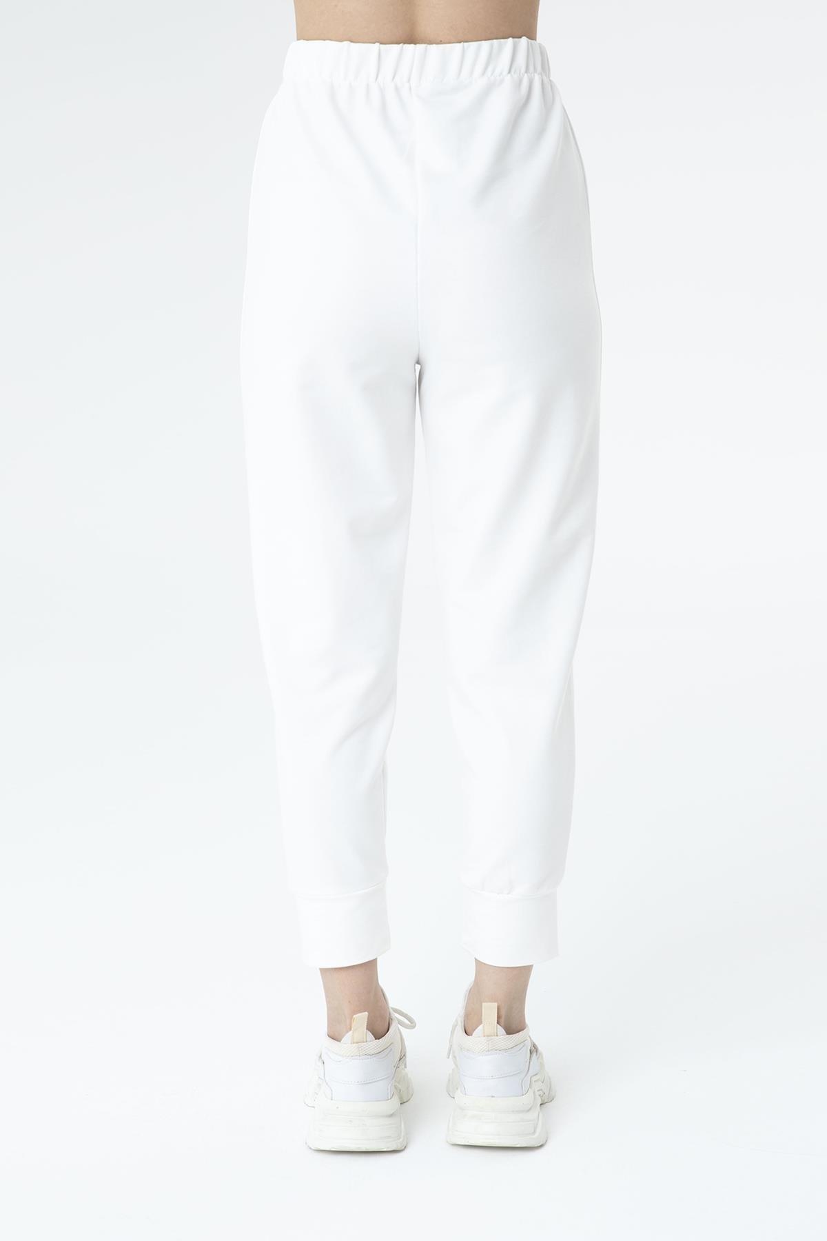 Kadın Ribana Detaylı Beyaz Eşofman Altı 30189