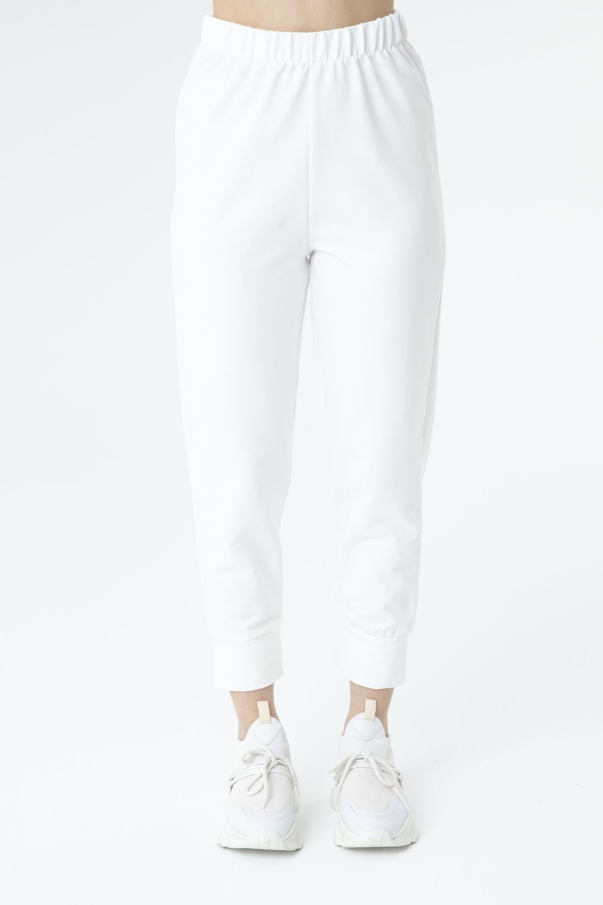 Kadın Ribana Detaylı Beyaz Eşofman Altı 30189