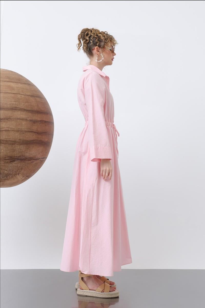 Belden Bağlamalı Uzun Kollu Pembe Elbise 32243