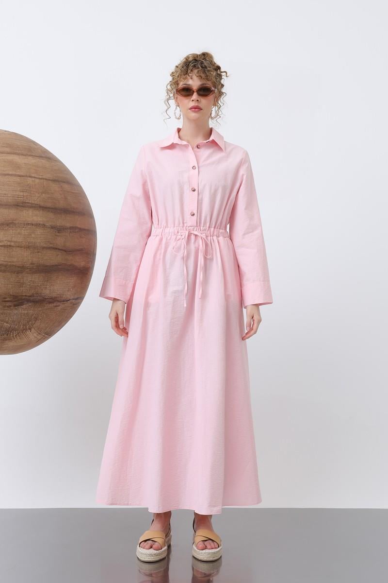 Belden Bağlamalı Uzun Kollu Pembe Elbise 32243